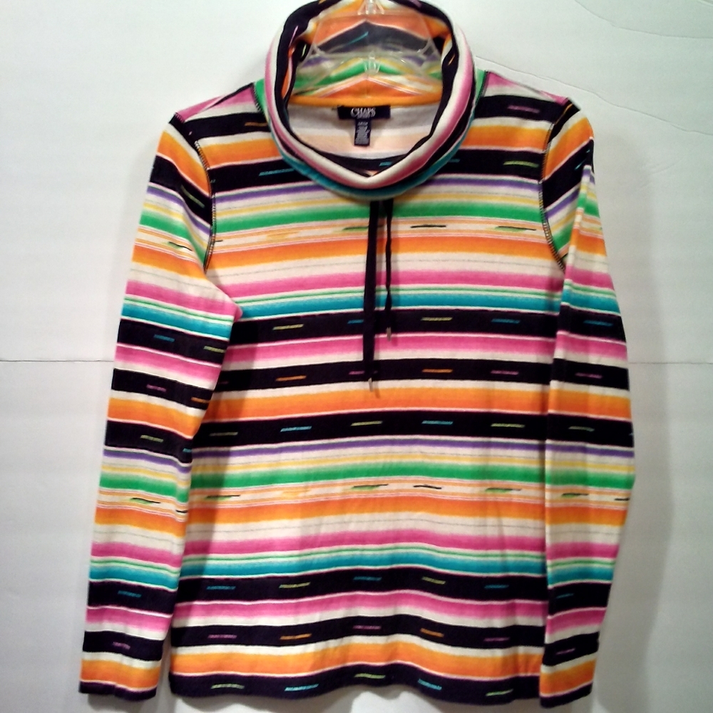 Chaps Sport Sweater Women's S/P Drawstring Funnel Neck Pullon Stripe Cotton EUC